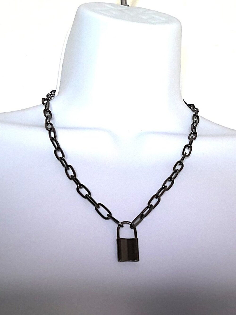 Edgy Gunmetal Choker Necklace & Extender Padlock Charm Punk Goth Whimsigoth